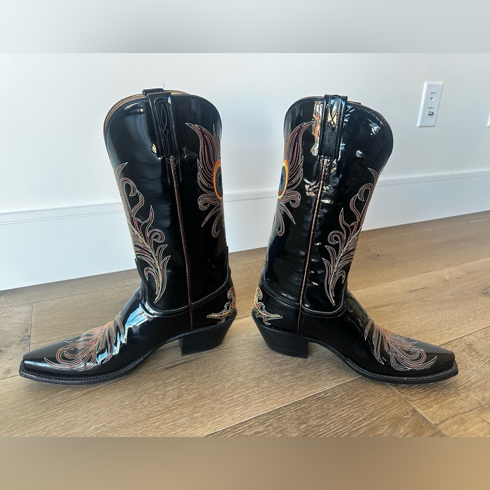 Lucchese Classics Patent Leather Black Peacock Embroidered Heeled Boots Size 8 - Picture 7 of 11